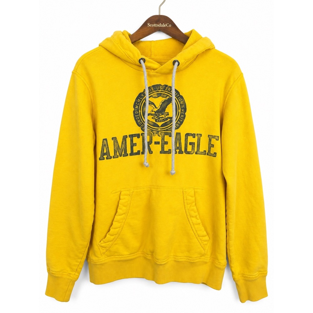 Y2K American Eagle Hoodie Mens XS Yellow Graphic Athletic Fit Sweatshirt Vintage